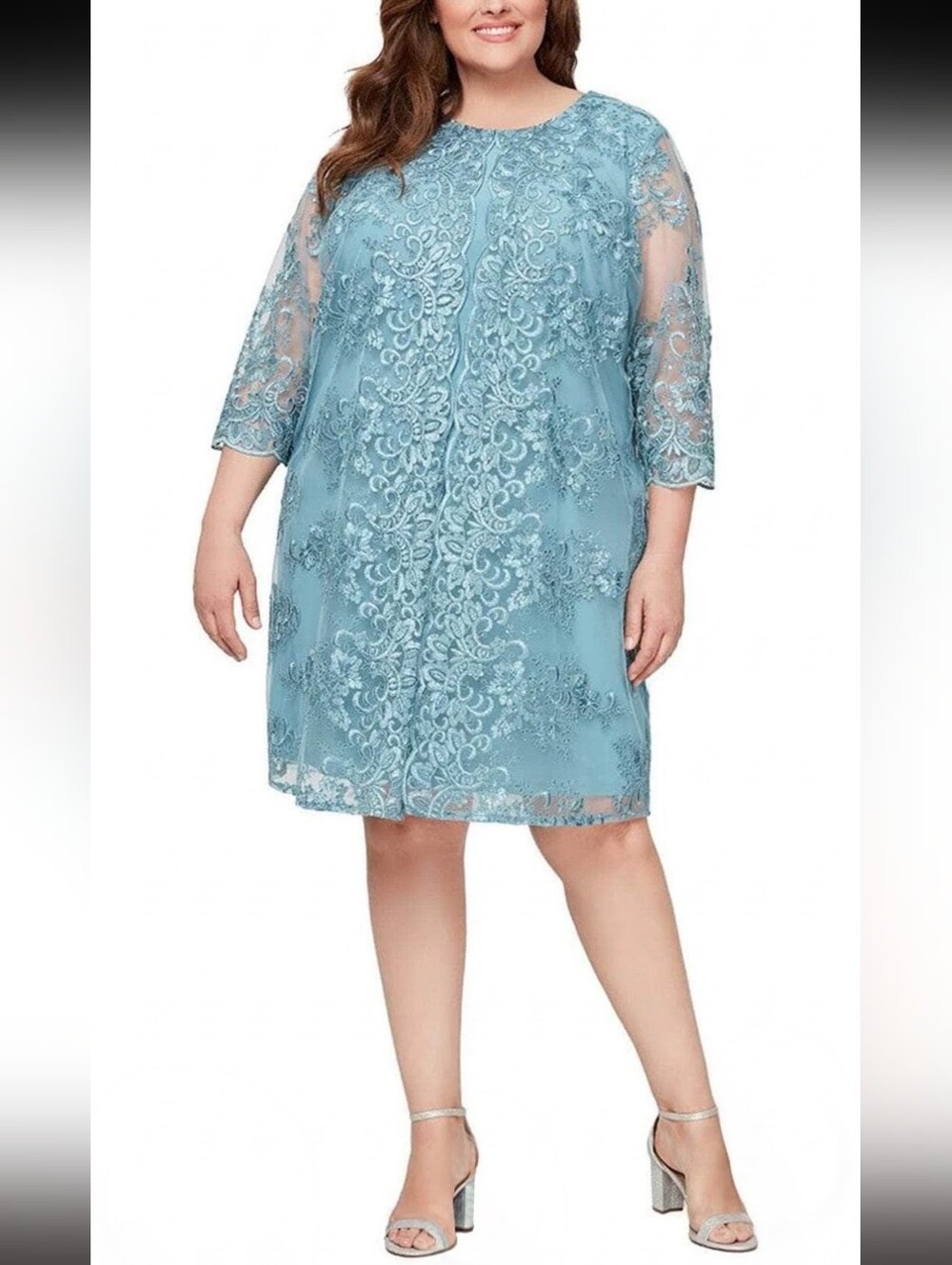 NWT Alex Evenings Mock Jacket Dress Vintage Teal Lace 18W